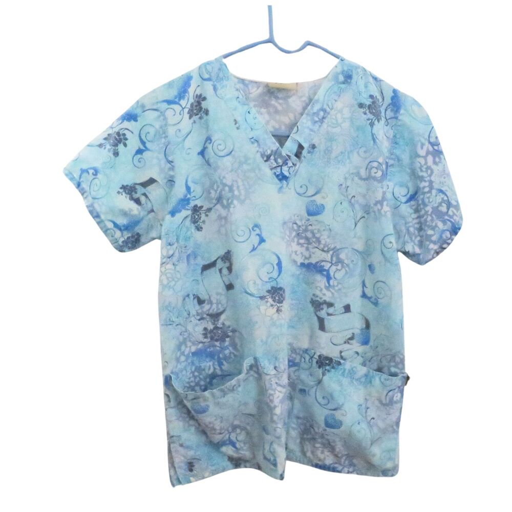 Tafford Medical Scrub Top Sz Small Aqua Print with V-Neck Cotton Pockets Women